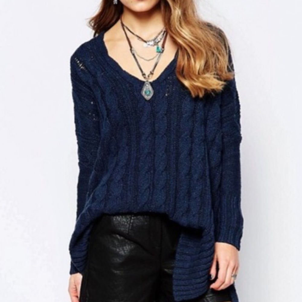 Free People Oversized Easy Cable Tunic Sweater Blue Small S GUC